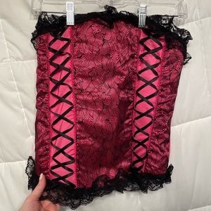 Shirley of Hollywood hot pink corset with black lace and ribbon details. Sz 2XL